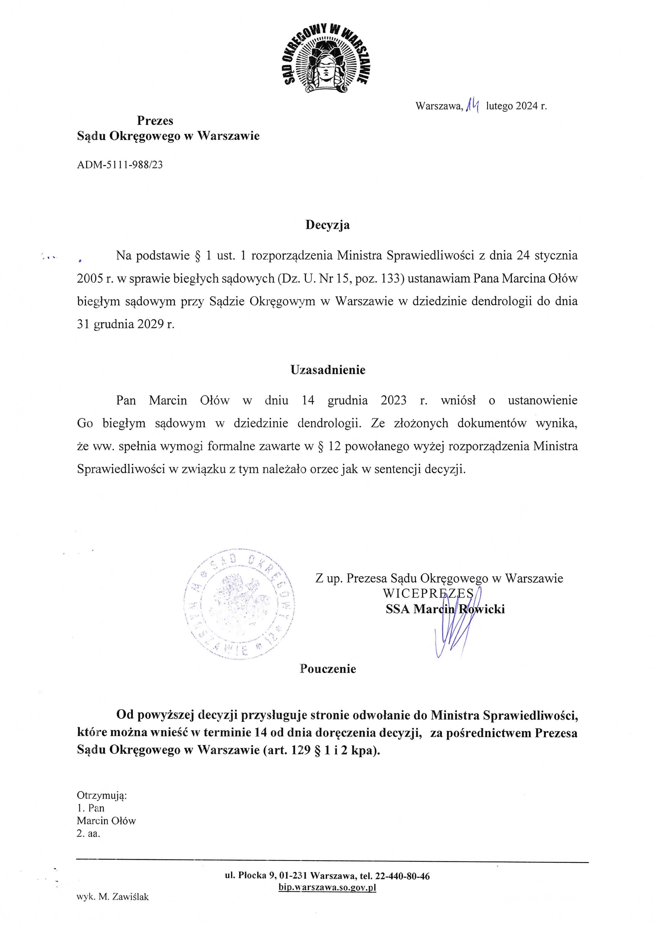 Decyzja o ustanowieniu biegłym sądowym